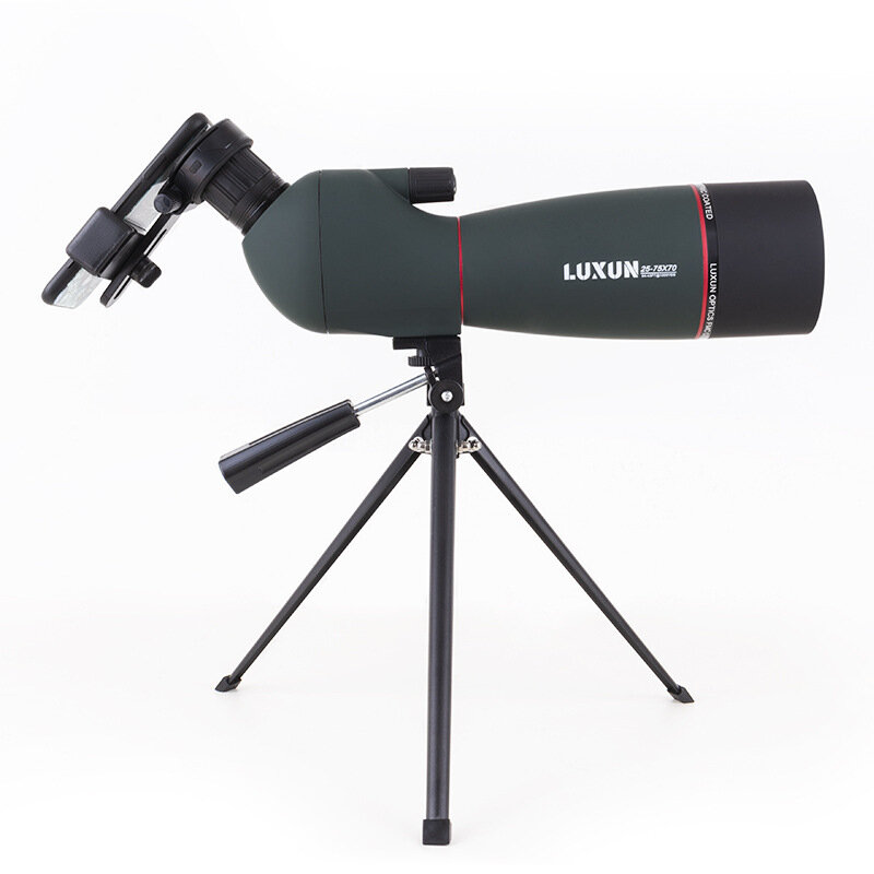 Telescopio monocular zoomable LUXUN 25-75X70 resistente al agua con óptica BAK4 y trípode, ideal para observación de aves, con bolsa de almacenamiento incluida