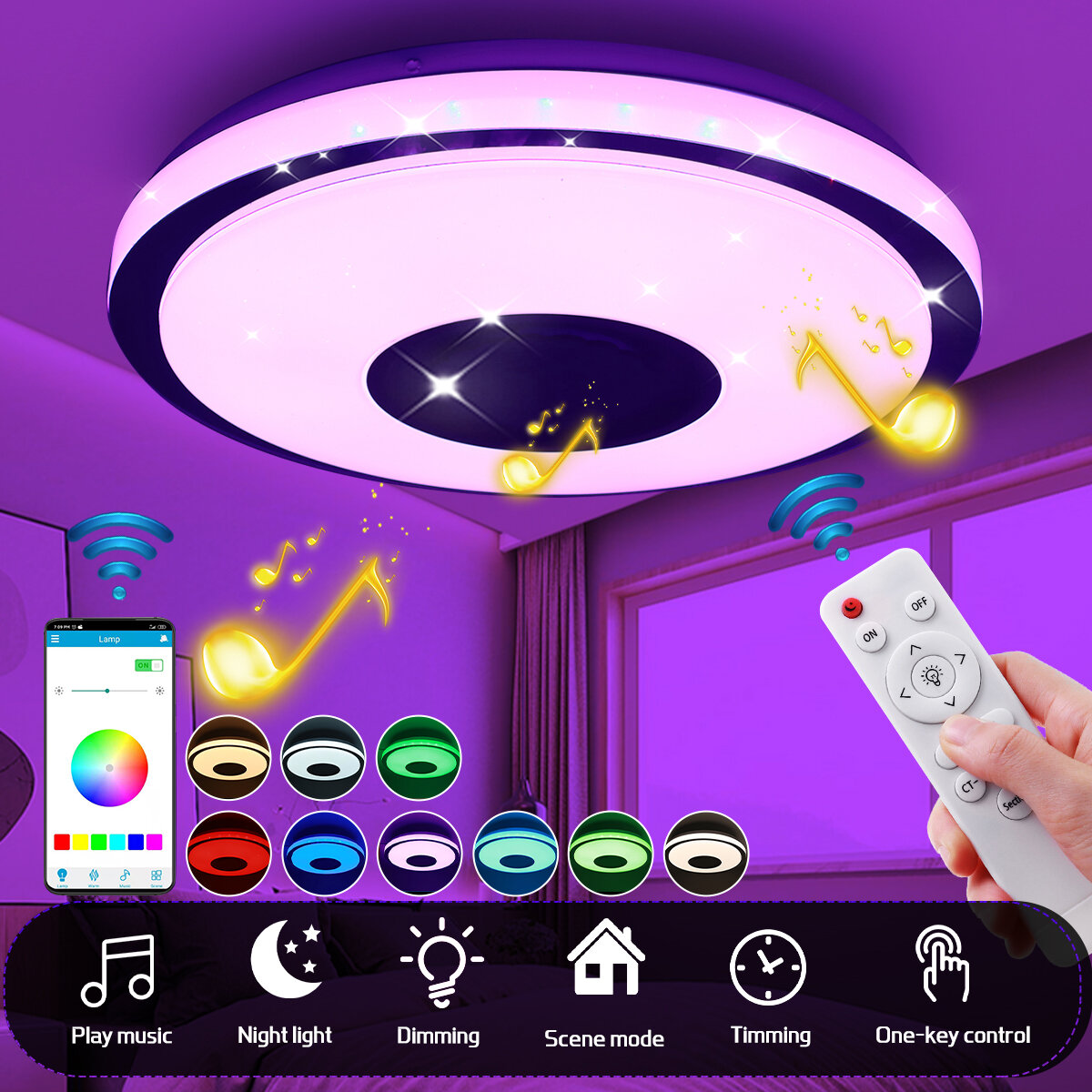 Imagen de Lámpara de techo LED RGB de música de 38 cm AC220V / 110-240V con control remoto y aplicación bluetooth para cocina, dor