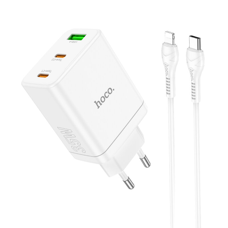 

HOCO N33 PD35W 3-Port USB PD Charger Dual Type-C+USB-A PD QC3.0 Fast Charging Wall Charger Adapter EU Plug with 1M Type-