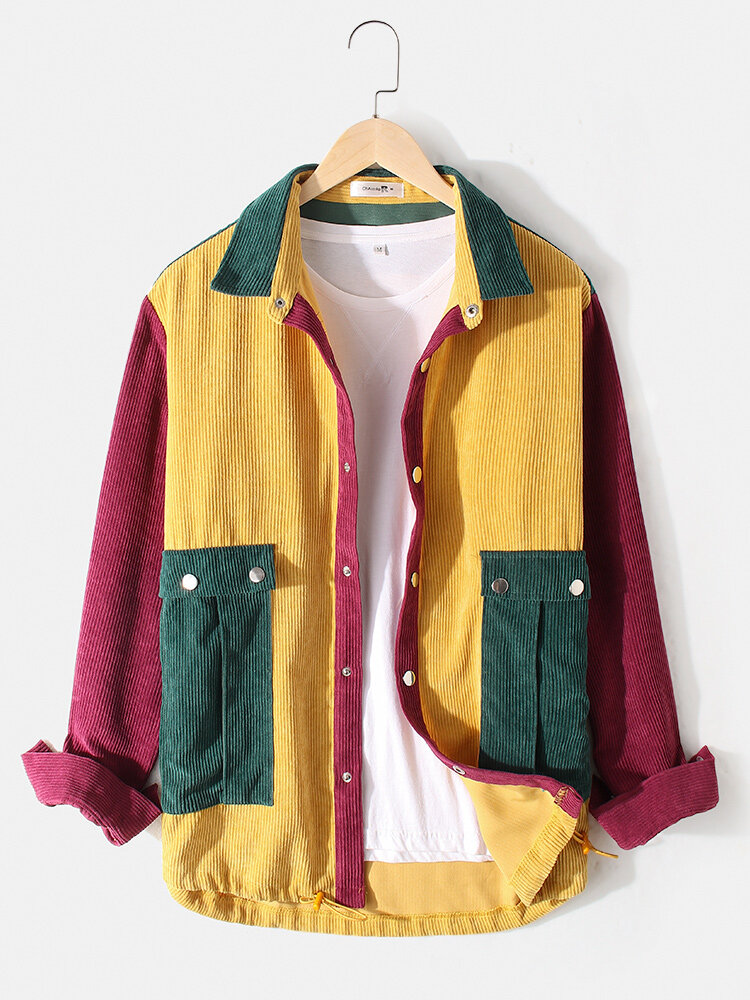 

Mens Vintage Colorblock Corduroy Patchwork Jacket With Flap Pocket
