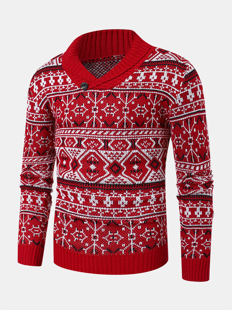 Men Knitted Printed V-neck Lapel Pullover Casual Sweaters