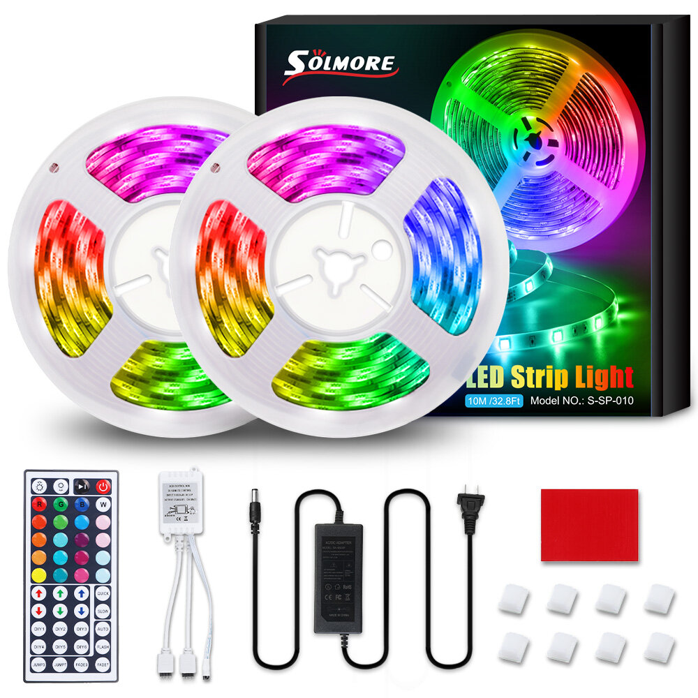

SOLMORE 10M 32.8FT LED Strip Light SMD5050 RGB IP65 Waterproof Rope Flexible Tape Lamp Kit with 44Keys IR Remote Control
