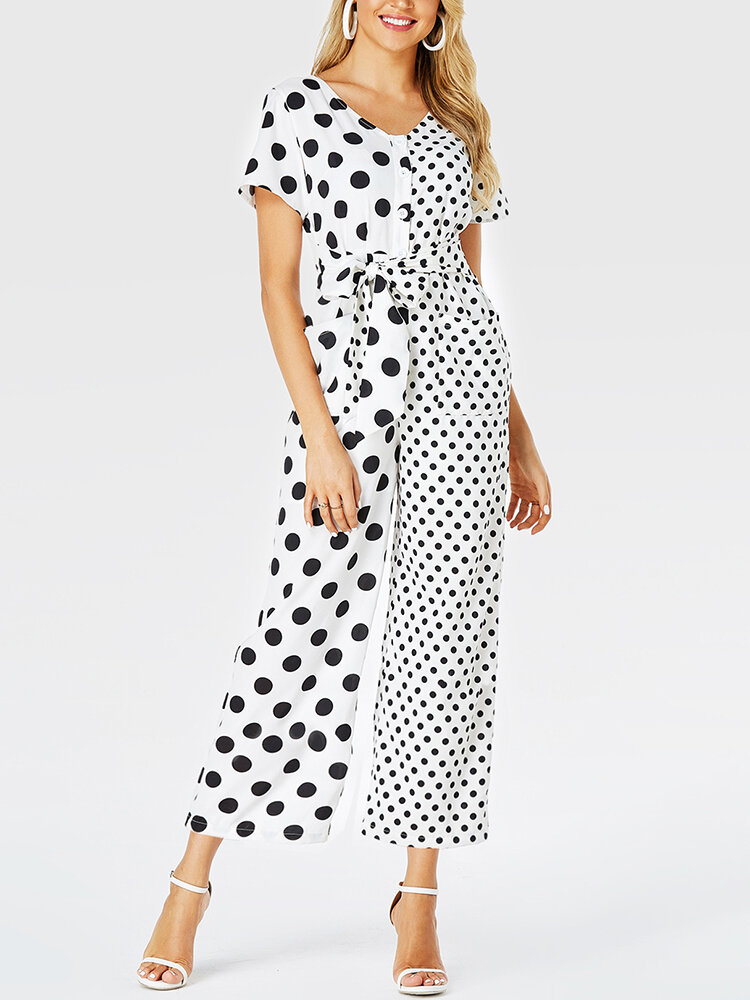 Dames polka dots print patchwork geknoopte casual jumpsuit met korte mouwen en zak