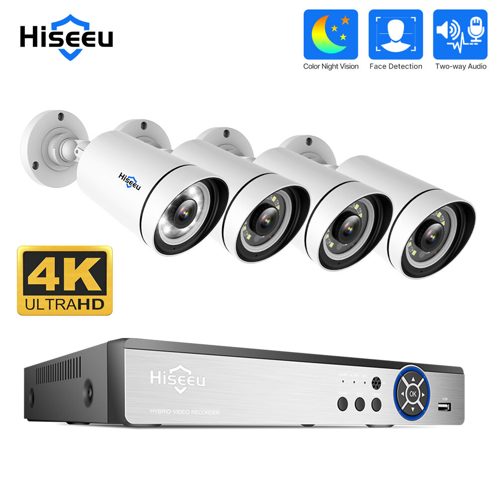 Hiseeu 4K UHD 4CH 8MP PoE Security Camera Kit Color Night Vision Two-way Audio Humanoid Detection Remote APP Viewing Out