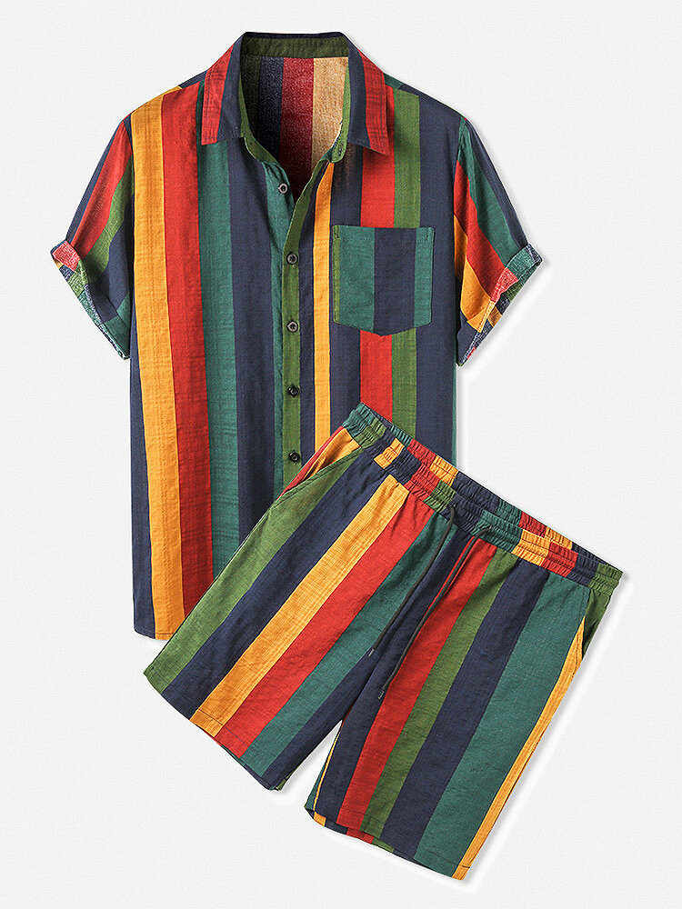 Mens Cotton Colorful Stripe Patch Pocket Breathable Short Sleeve Shirt & Shorts...
