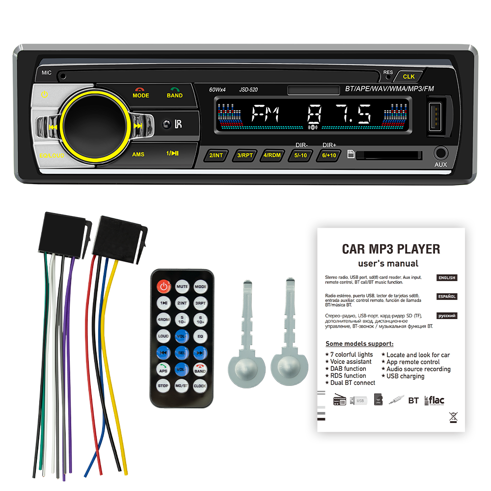 JSD-520 Autoradio MP3-speler USB SD-kaart AUX IN FM Bluetooth Lossless Muziek Klokweergave 7 kleuren