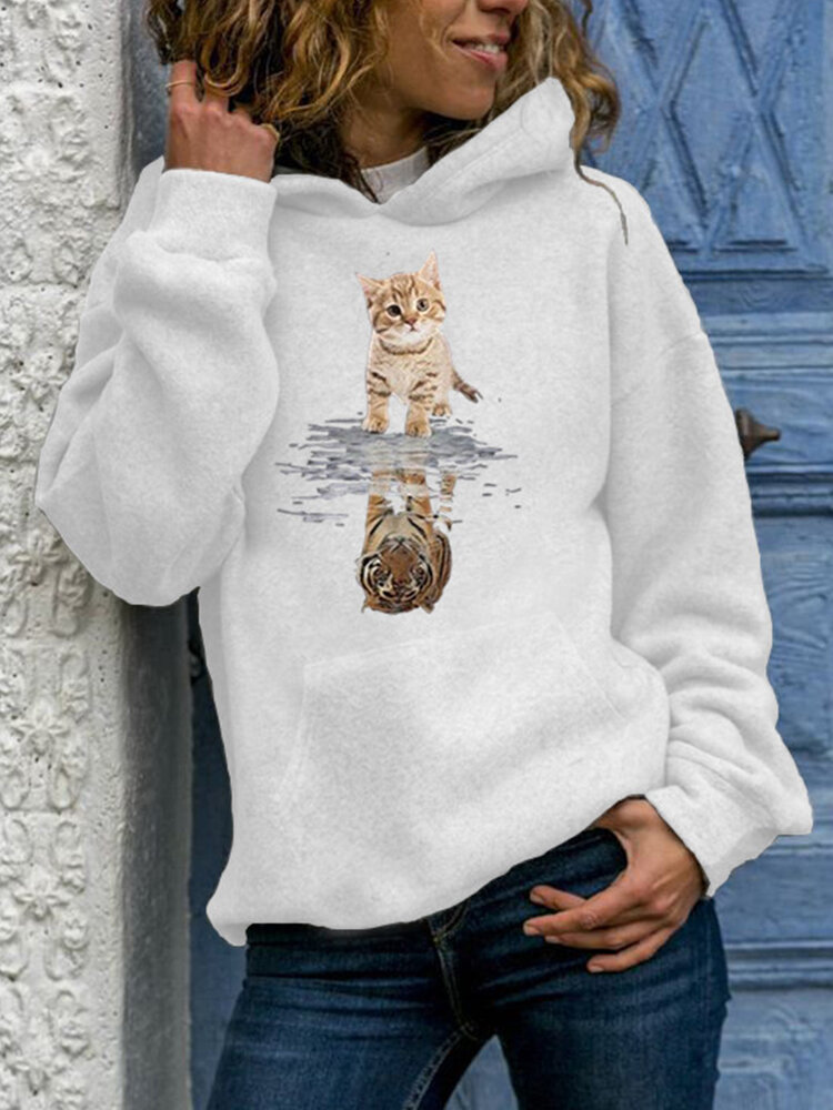 Women Cute Cat Graphic Print Long Sleeve Casual Pullover Hoodie