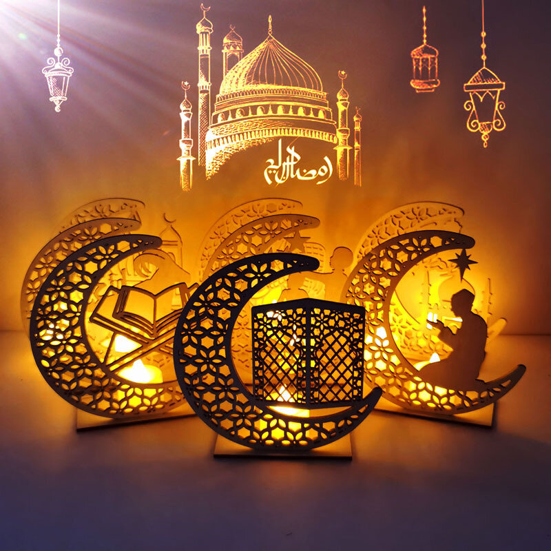 

EID Mubarak Wooden Pendant with LED Candles Light Ramadan Decorations For Home Islamic Muslims Party Eid Decor