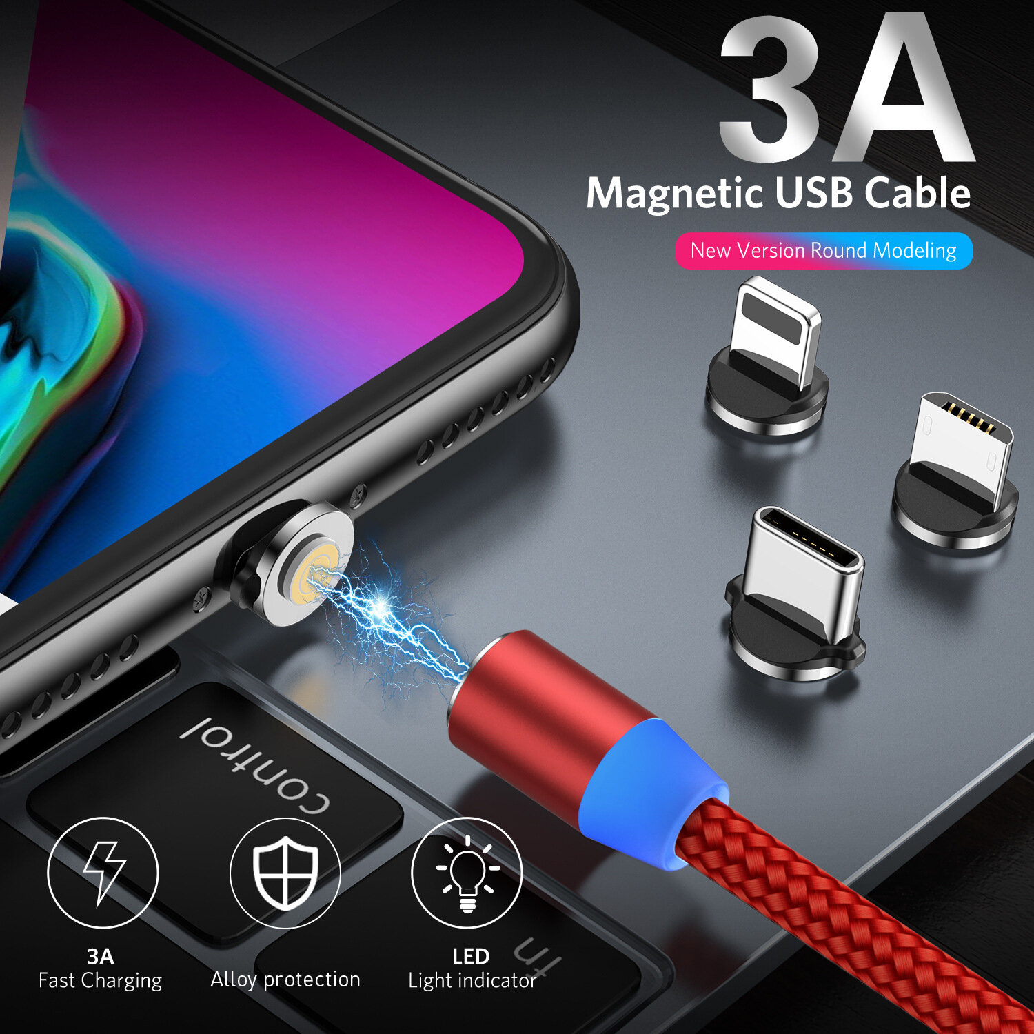 

USLION 3A Кабель USB - USB-C / Micro USB Магнитный шнур для быстрой зарядки Передача данных Длина 1 м / 2 м Для Samsung
