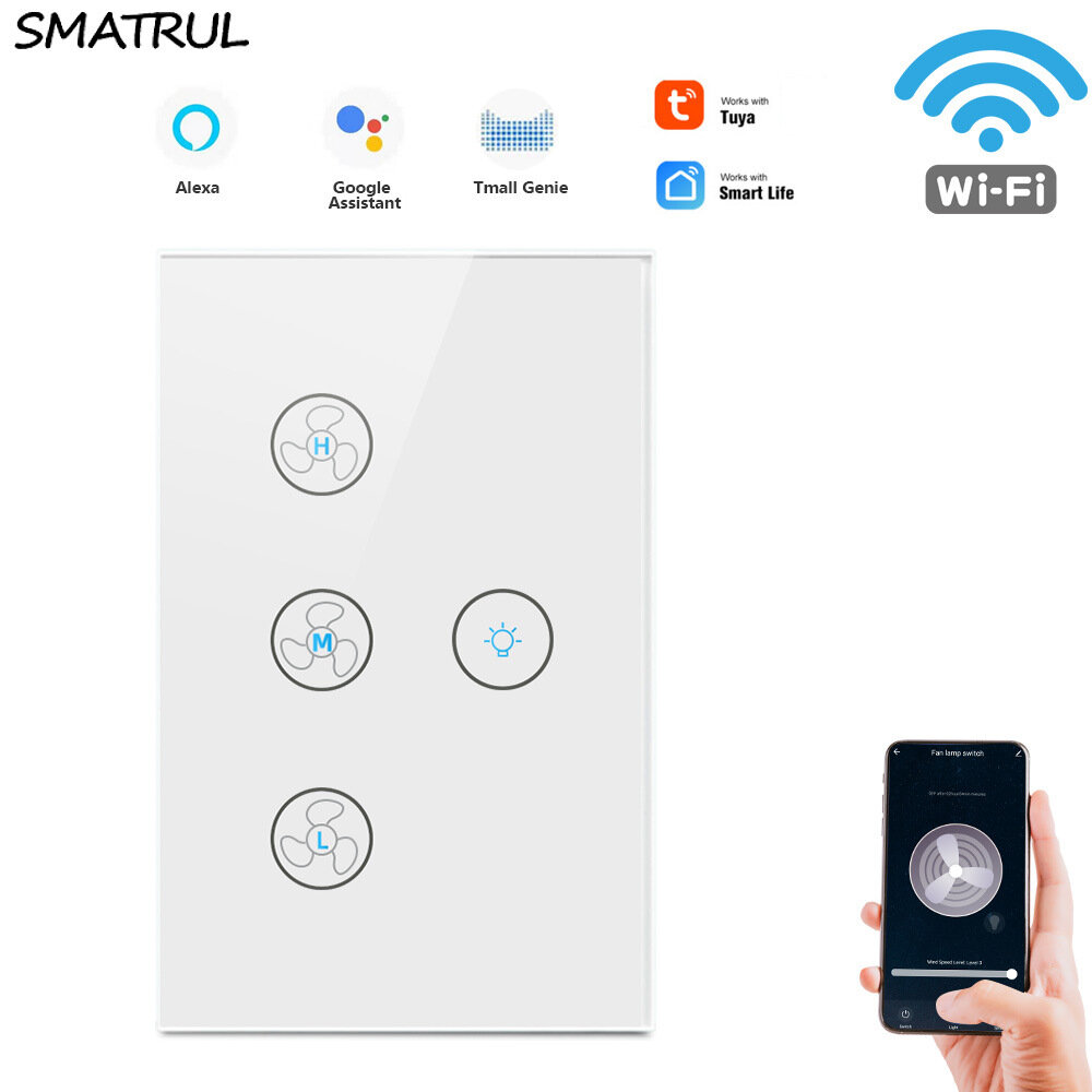 

SMATRUL Tuya Wifi Touch Ceiling Fan Light Switch US 220V Smart Life Remote Timer Control Speed Wall Switch with Alexa Go