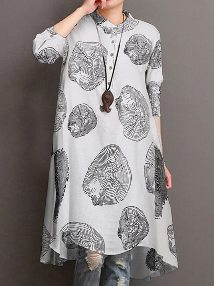 Dames katoenen boomring bloemenprint lange mouw button-down casual hemdenjurk