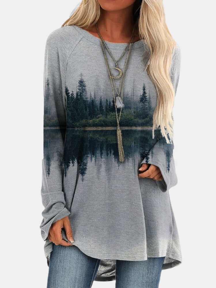 Landscape Printed Long Sleeve O-neck Asymmetrical Blouse For Women