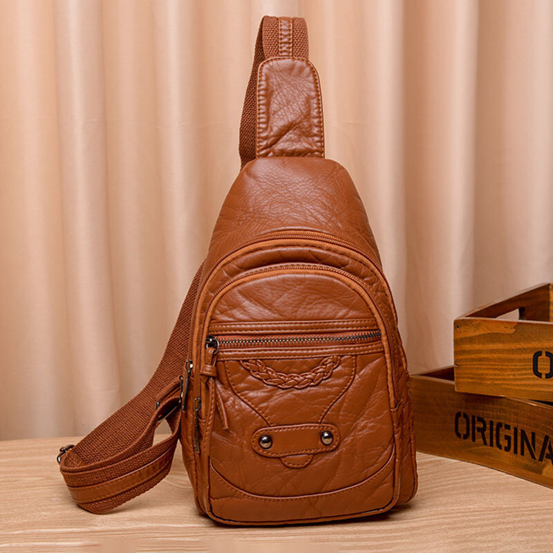 Women PU Leather Portable Large Capacity Earphone Hole Crossbody Bags Shoulder Bag Chest Bag