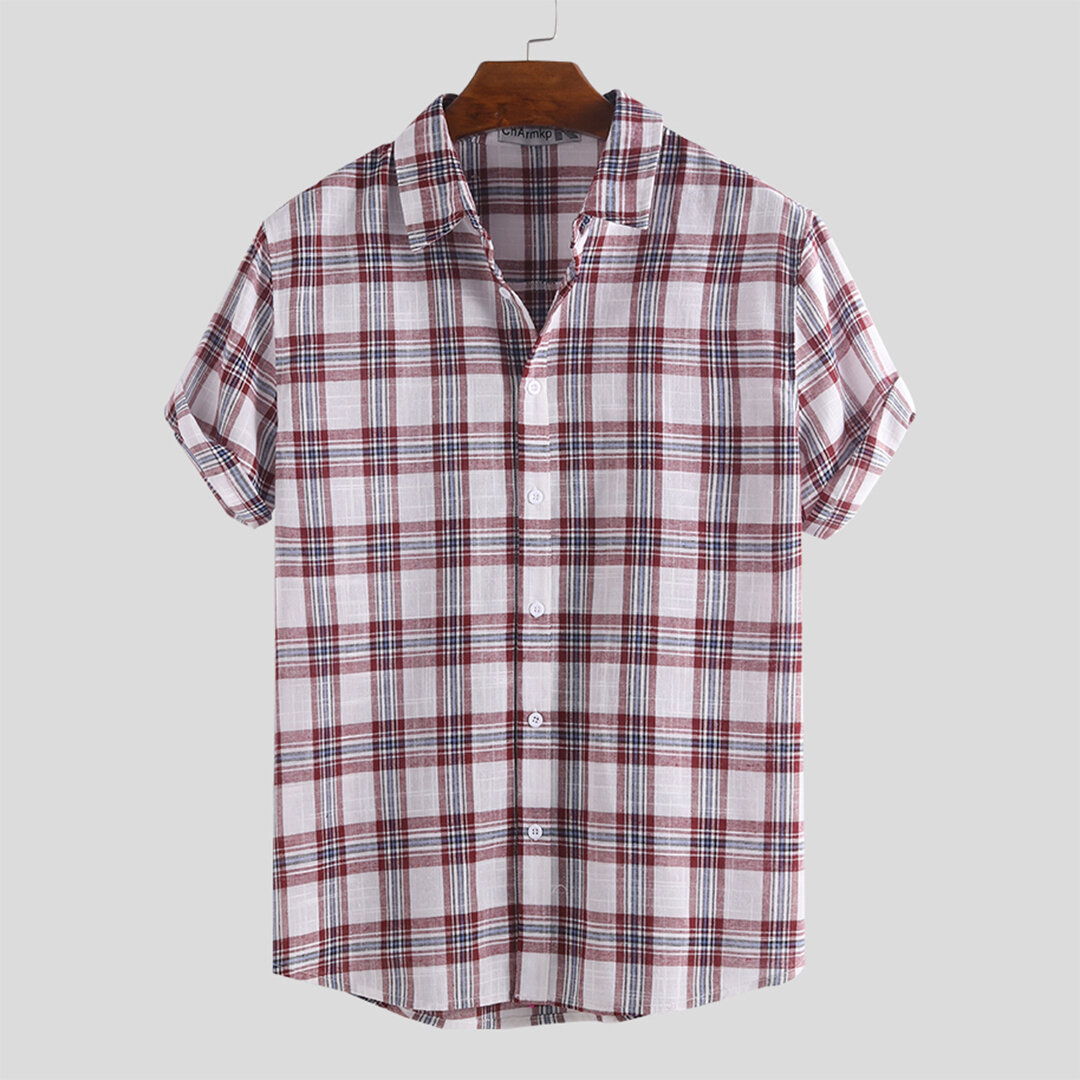 Mens summer casual loose short sleeve plaid shirts Sale - Banggood.com