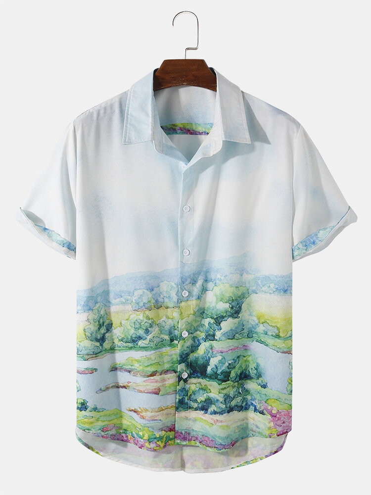 Heren vakantie landschap print casual shirts met korte mouwen
