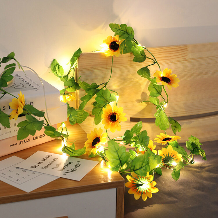 

2M LED Light String Artificia Sunflower Green Leaves Vines Battery Powered Copper Wire Lamp Room Decoration