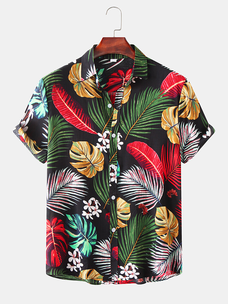 

Men Tropical Plant Leaves Print Button Up Turn Down Collar Hawaii Holiday Short Sleeve Shirts