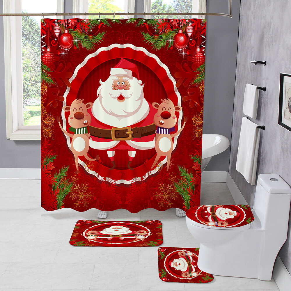 Christmas Style Shower Curtain Santa Claus Three-piece Four-piece Bathroom Mat Set Waterproof Toilet