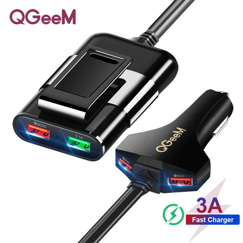 QGEEM CH13 QC 3.0 4 USB Car Charger Safety Hammer LED Indicator Quick Charging Adapter Car Lighter Slot for iPhone XS 11