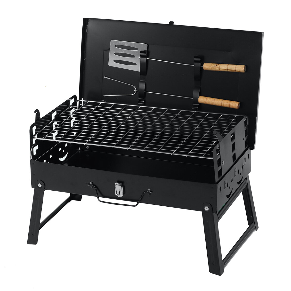 Zware opvouwbare barbecue-oven set met kampvuurgrill, draagbare vierkante kookplaat