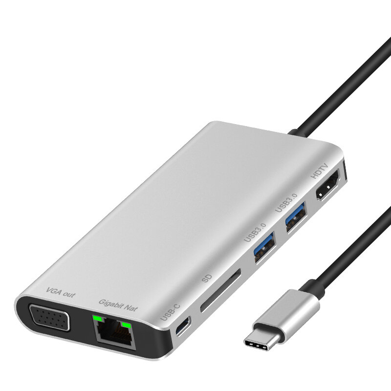 8-in-1 USB Type C Hub-adapter met Ethernet-poort 4K HDMI SD-kaartlezer USB-C Stroomvoorziening VGA 2