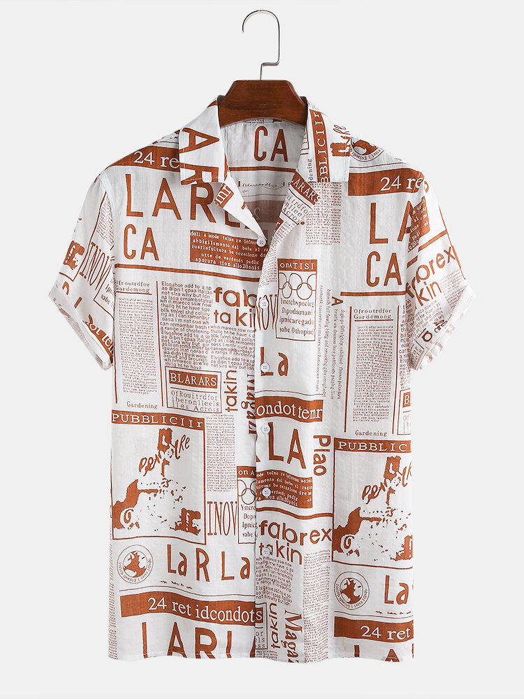 Heren Designer Krant Print Revere Kraag Casual shirts met korte mouwen