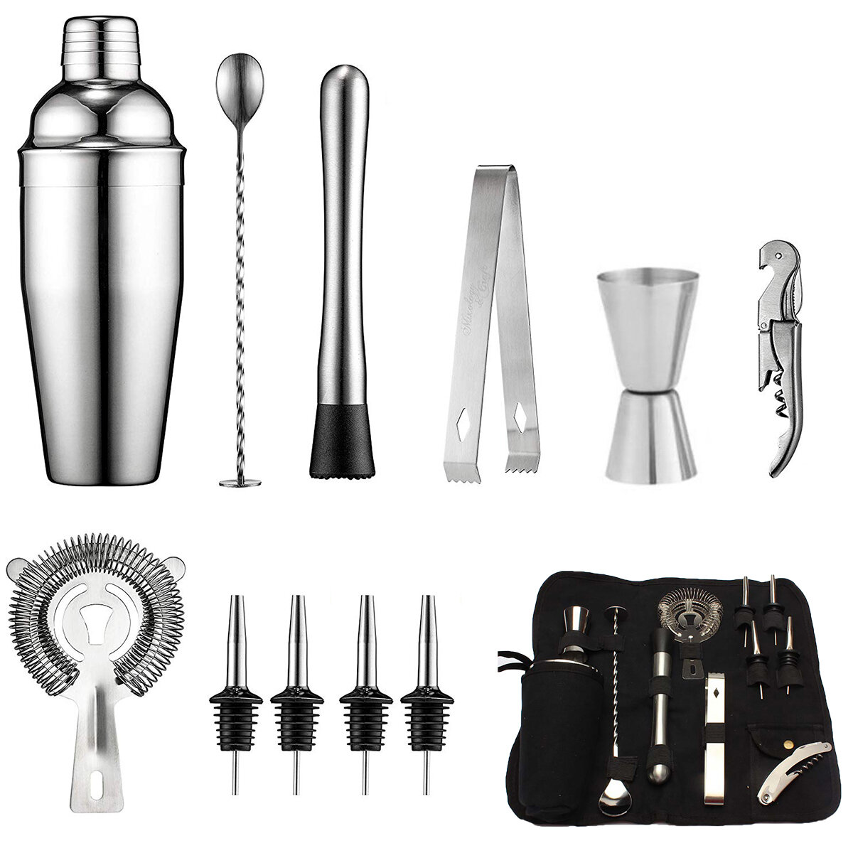 Muti-funtion Stainless Steel Cocktail Shaker Set Ice Tong Mixer Drink Bartender Browser Kit Bars Set Professional Barten