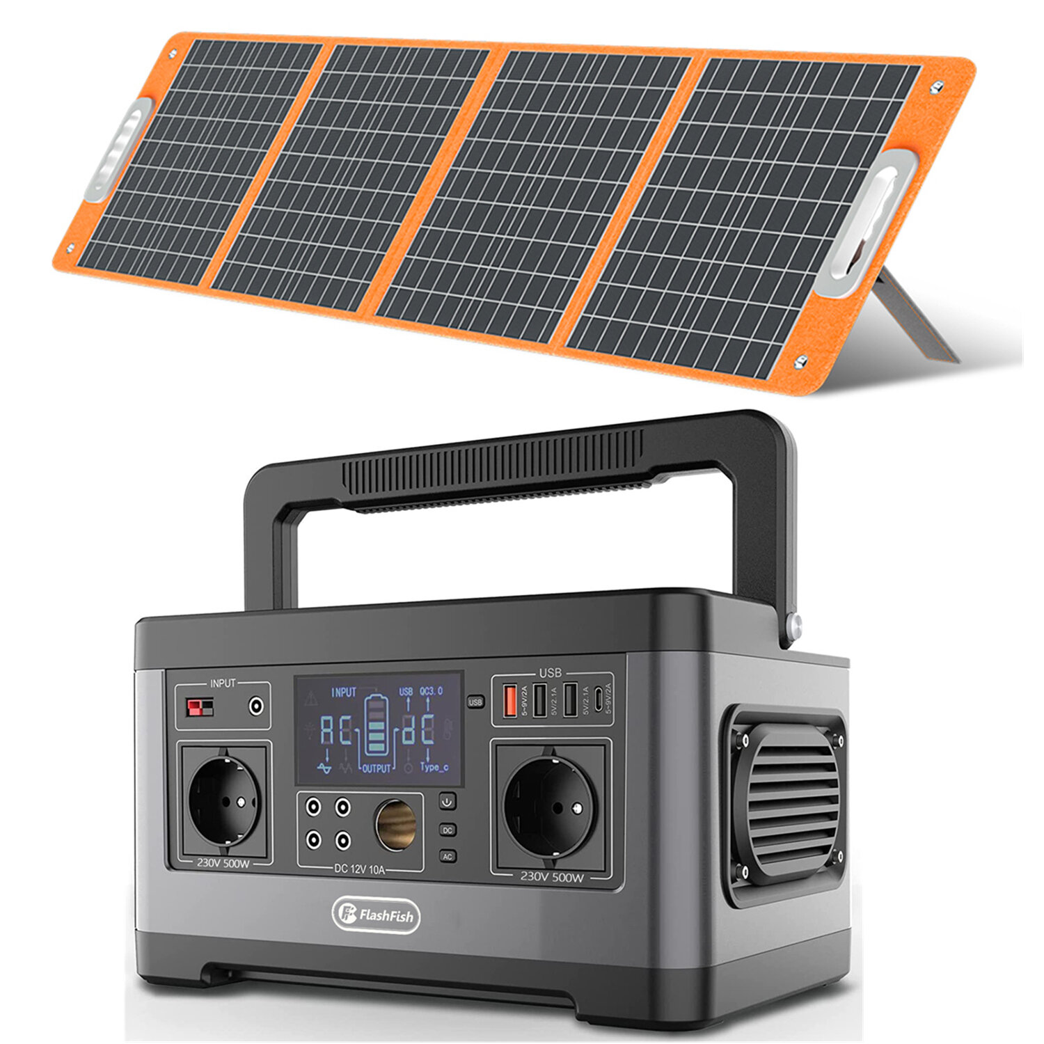 [EU Direct] FlashFish P63 500W Estación de energía portátil con panel solar plegable de 100W Kit de generador solar de emergencia para camping, RV y viajes