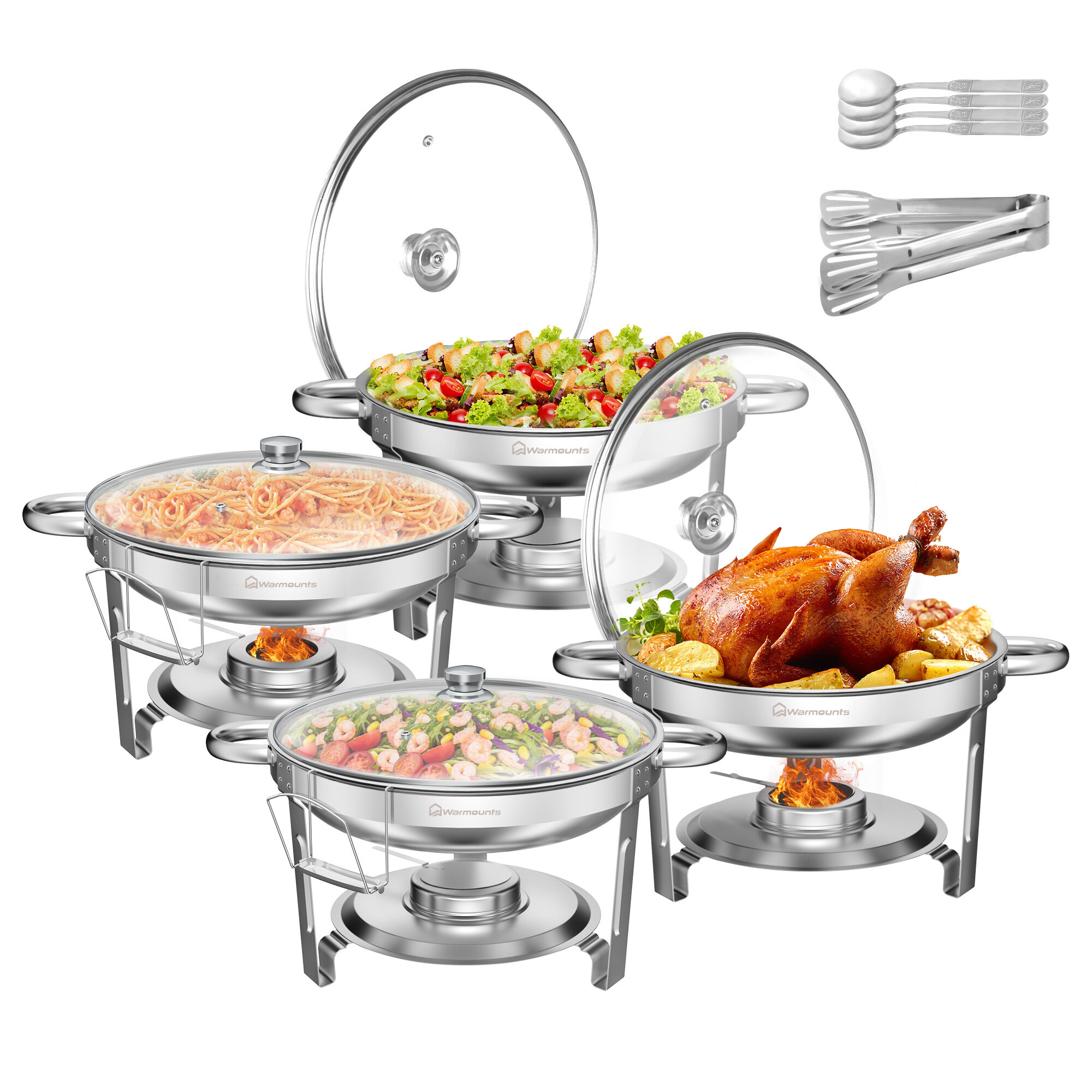 Warmonts 4-Pack Chafing Dish Buffet Set, 5QT Ronde Buffet Servers en Warmers Set, Roestvrij Stalen Catering Voedselverwarmer met Glasdeksel & Houder voor Feest Thuis Tuin Bruiloft