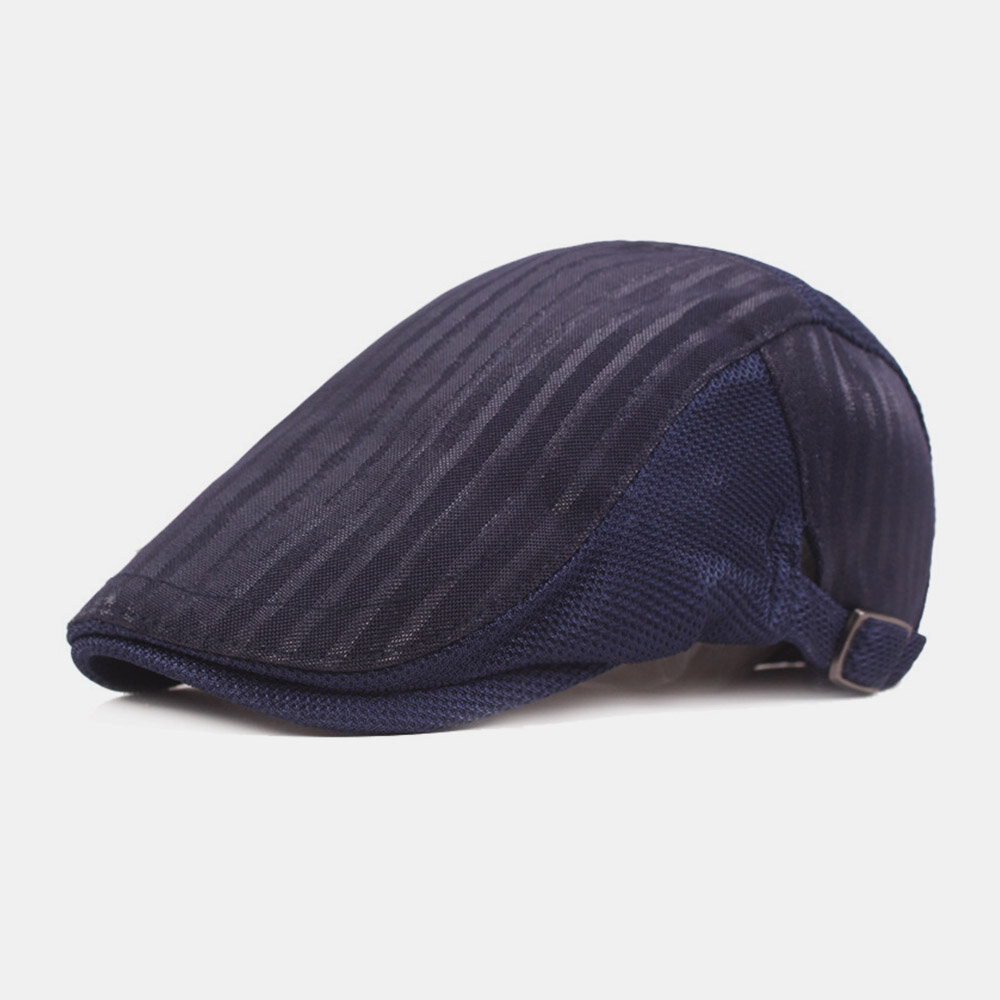Unisex Mesh Breathable Beret Cap Stripe Pattern Summer Sunshade Newsboy Hat Flat Cap Ivy Cap