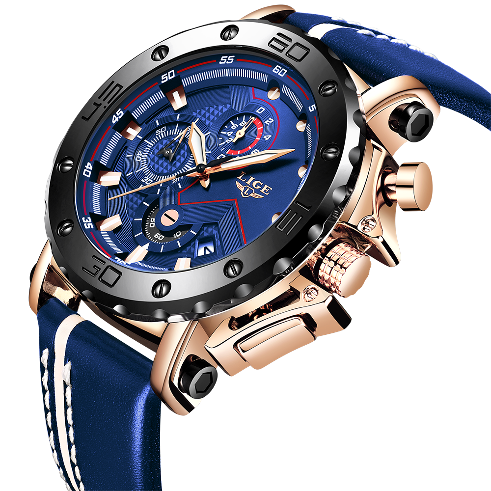 LIGE 9899 Fashion Men Leather Strap Luminous Display Watch Quartz Watch