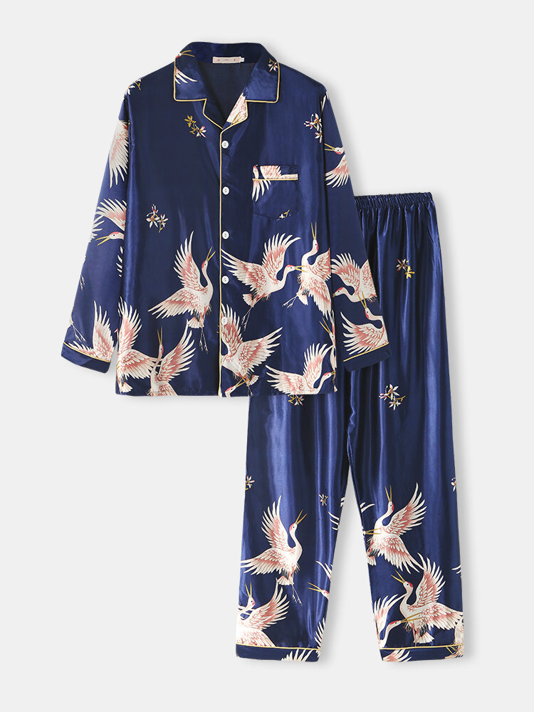 

Mens Crane Print Faux Silk Home Revere Collar Long Sleeve Loose Lounge Pajama Set