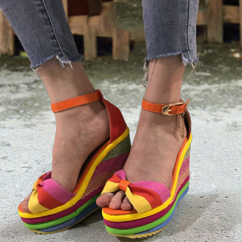 48% OFF on Women Rainbow Colorful Ankle Strap Bow Knot Buckle Platform Sandals