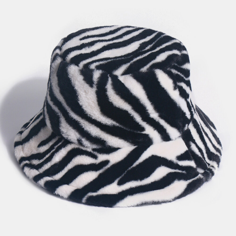 Unisex Felt Zebra Pattern Plus Thicken and Velvet Warm Windproof Soft All-match Bucket Hat