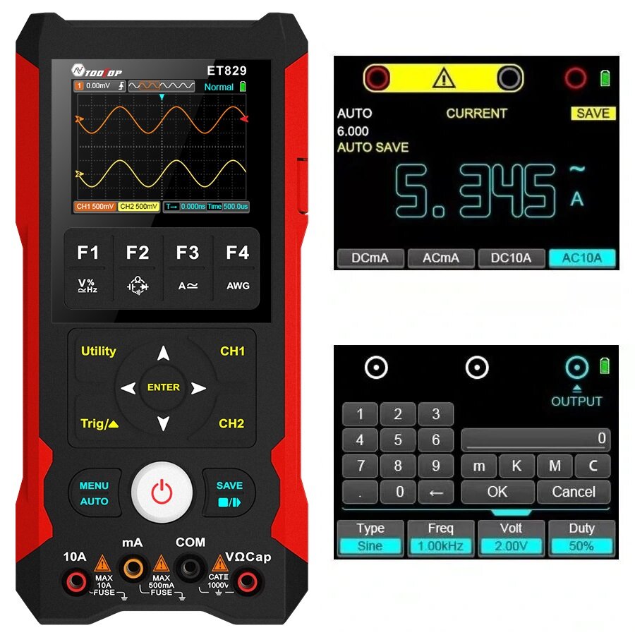 Tooltop et829 osc + dmm + waveform generator 3 in 1 80mhz/50mhz bandwidth dual channel handheld oscilloscope innovative ai waveform preview