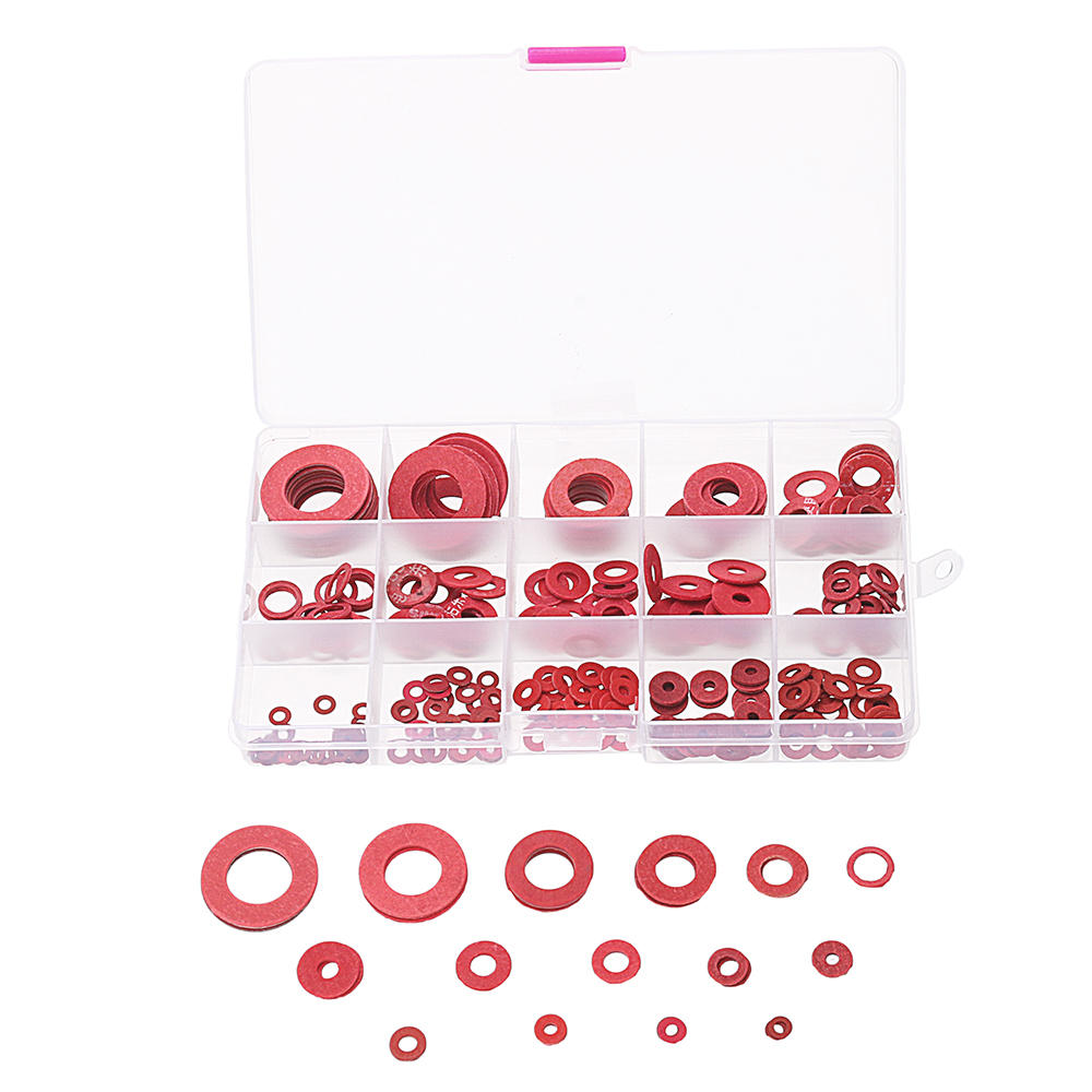 Suleve 225Pcs Red Steel Paper Washer Insulation Pad Flat Gasket Spacers 15 Sizes Assortment