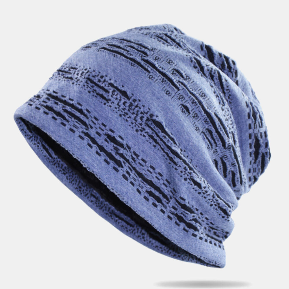 Men Beanie Hat Cotton Geometric Striped Horizontal Broken Hole Double-layer Breathable Sunshade Hat 
