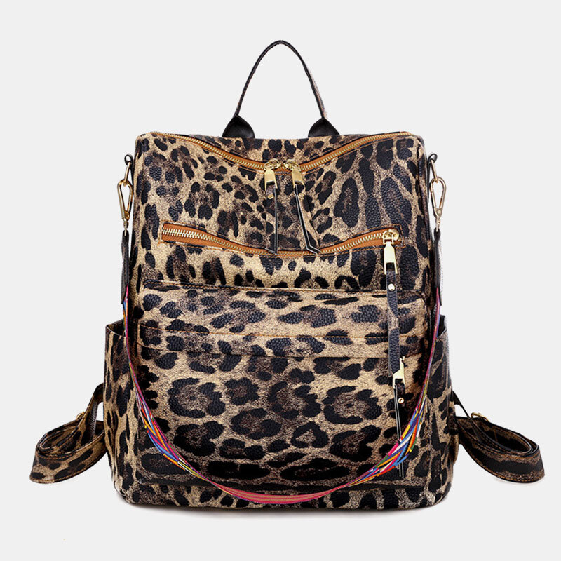 New Synthetic Leather Quilted Leopard Pattern Ladies Casual Backpack 