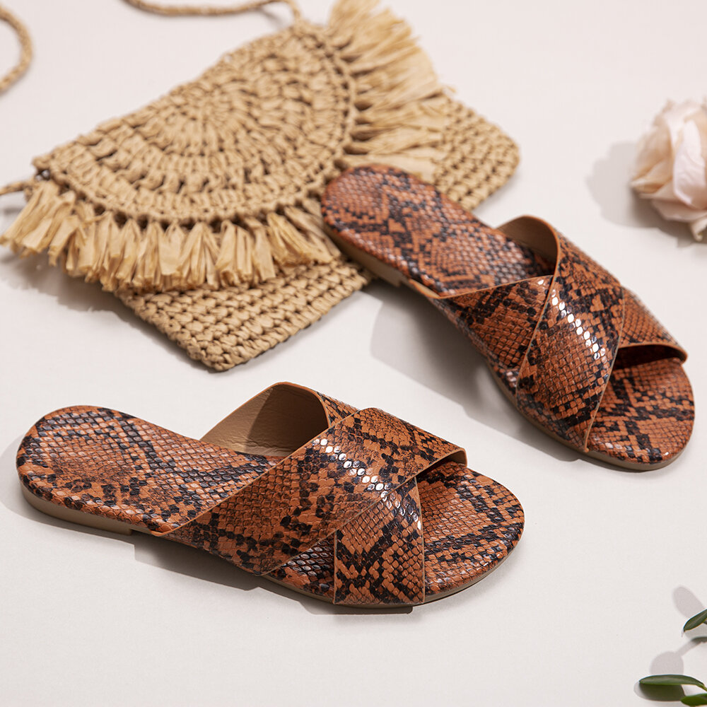 Women Snakeskin Print Cross Belt Flats Sandals