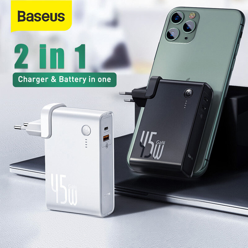 

[GaN Tech] Baseus 2 In 1 45W USB-C Wall Charger + 10000mAh Power Bank PD3.0 QC3.0 Power Delivery Quick Charge Power Supp