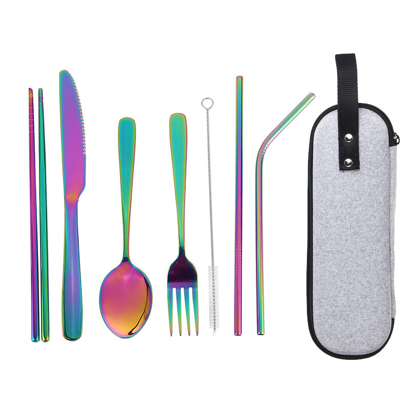 8-teiliges Besteckset: Gabeln, Löffel, gerade und gebogene Messer, Reinigungsbürste, Edelstahl für Picknick und Camping