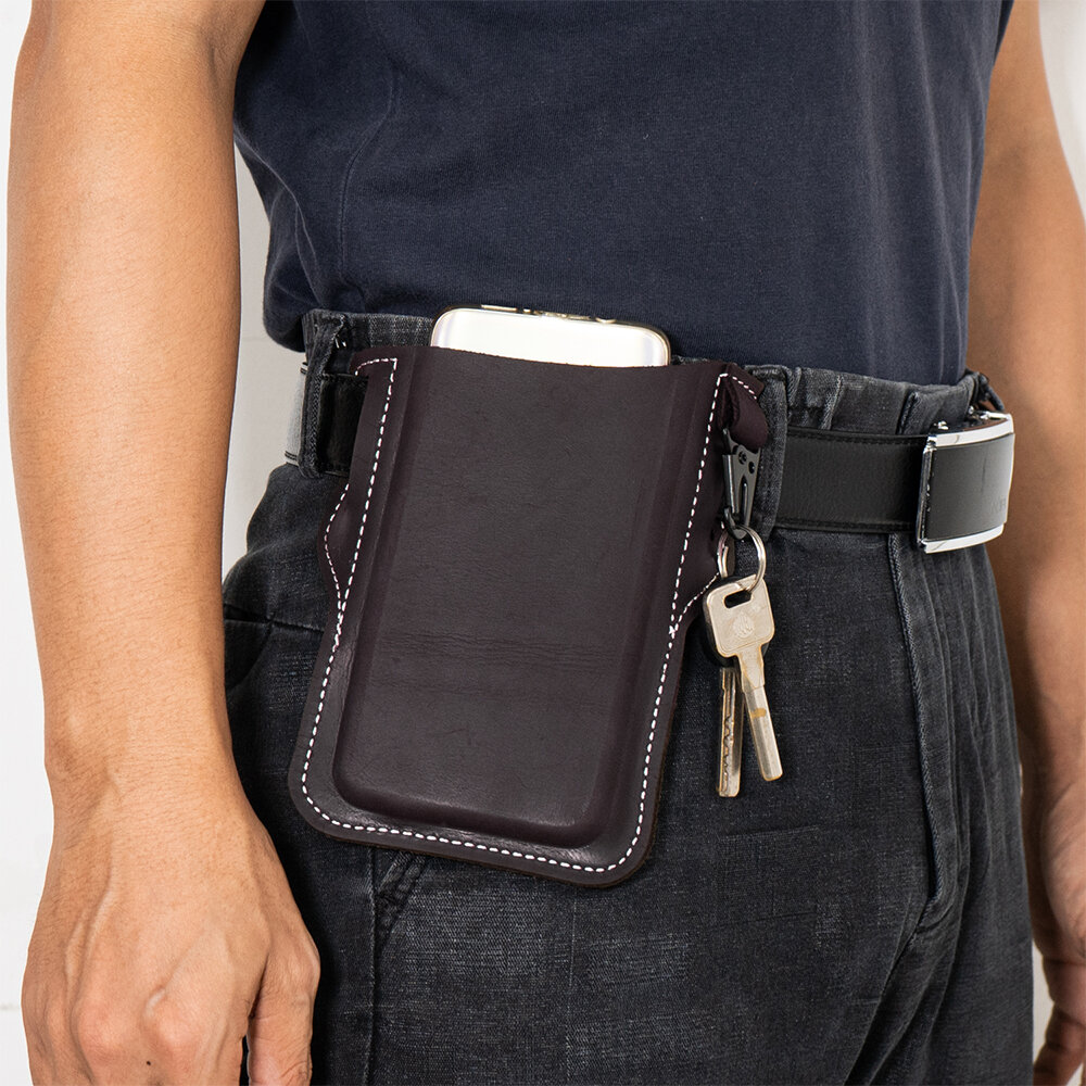 Men Genuine Leather Retro Easy Carry Car KeyChain Phone Bag Belt Bag Waist Bag With Belt Loop