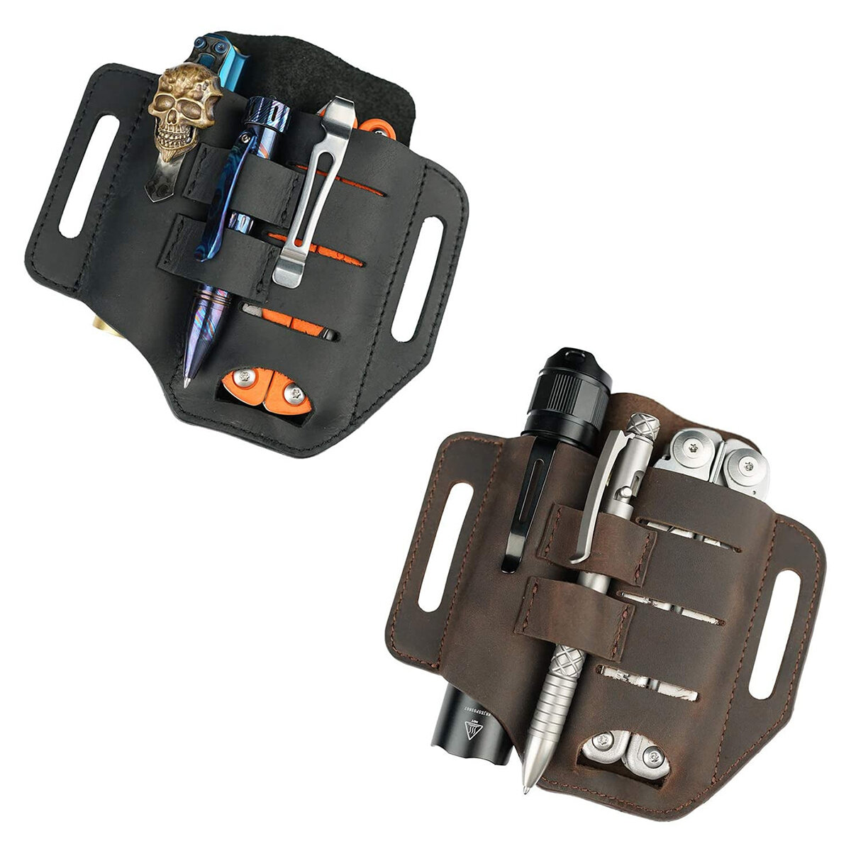 Funda de cuero para linterna/pluma táctica, organizador de bolsillo EDC con soporte para llaves para cinturón y linterna para herramientas exteriores