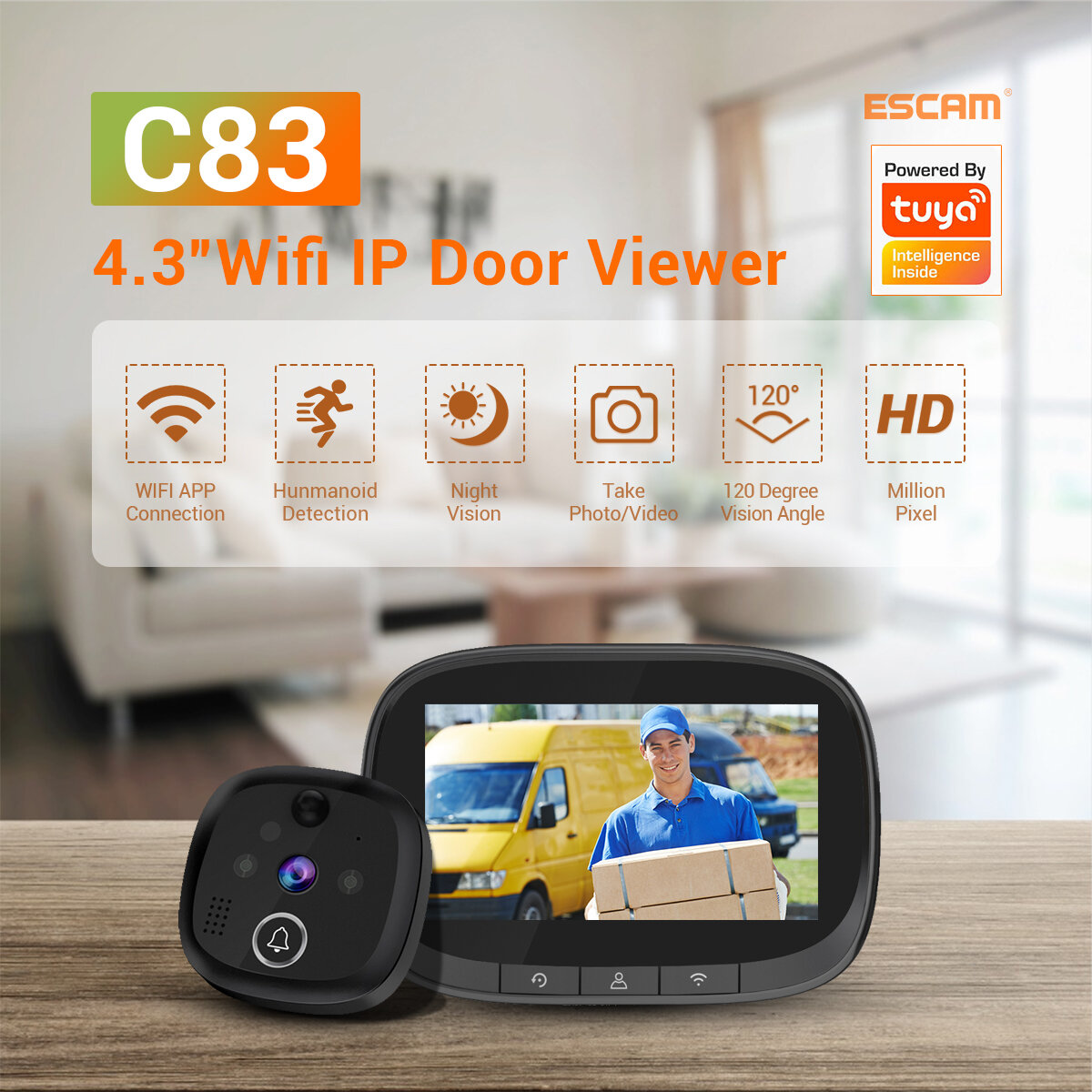 ESCAM C83 Draadloze deurbel 4,3 inch WIFI IP-deurkijker HD Nachtzicht 120 ? kan foto en video maken 