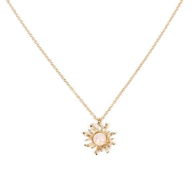 Fashion Silver Gold Sun Flower Pendant Necklace Opal Chain Statement Necklace for Women