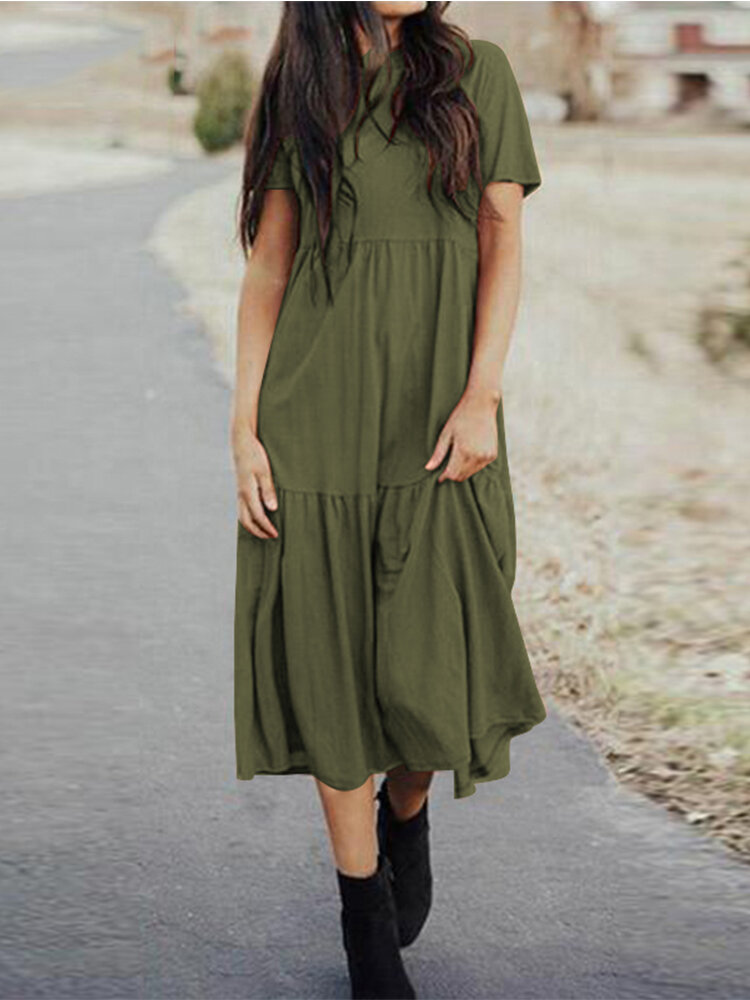 Solid Ruched Round Neck Cotton Ruffle Short Sleeve Maxi Dress