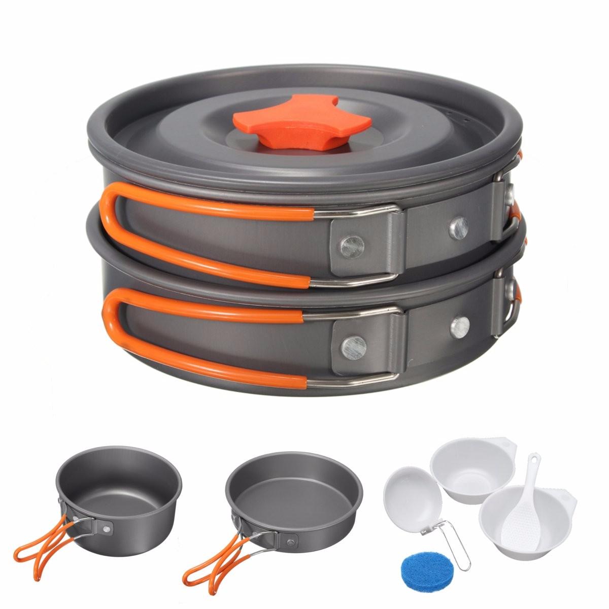 Ensemble de 8 casseroles et bols de camping en aluminium, portable pour cuisiner lors de pique-niques en plein air.