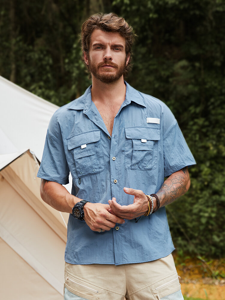 Men Plain Chest Pocket Camping Style All Matched Shirts With Glasses Lanyard