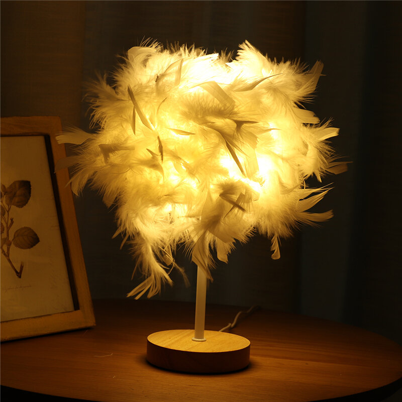 

USB Modern White Feather Shade Table Lamp Lampshade Elegant Bedside Desk Night Light Home Bedroom Decor