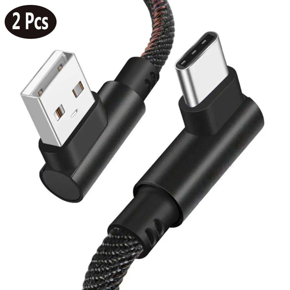 

[2Pcs Black] Bakeey 2.4A USB to USB-C Cable Denim Braided Elbow Fast Charging Data Transmission Cord Line 2m long For Sa
